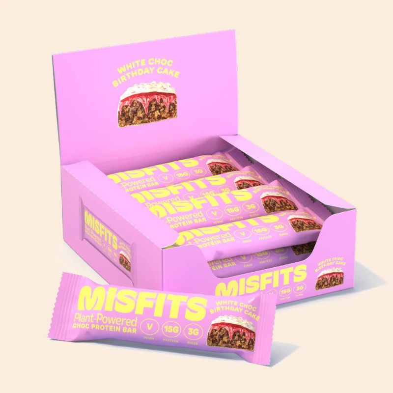 Misfits Vegan Protein Bar 12x45g BOX White Choc Birthday Cake (MHD 06/03//24)