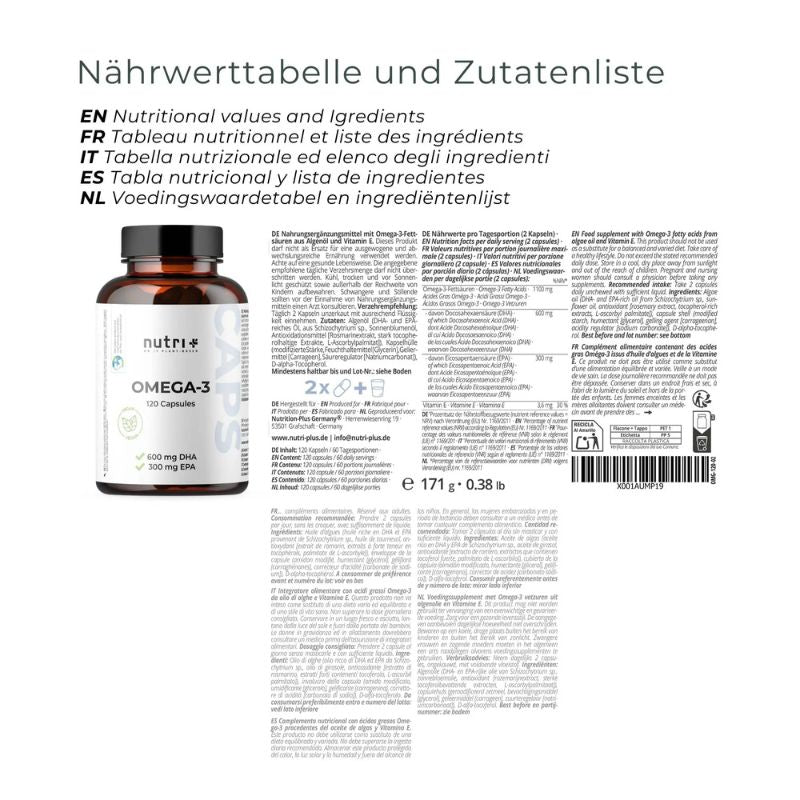 Nutri-Plus Omega 3 Vegan - mit EPA + DHA - 120 Kapseln